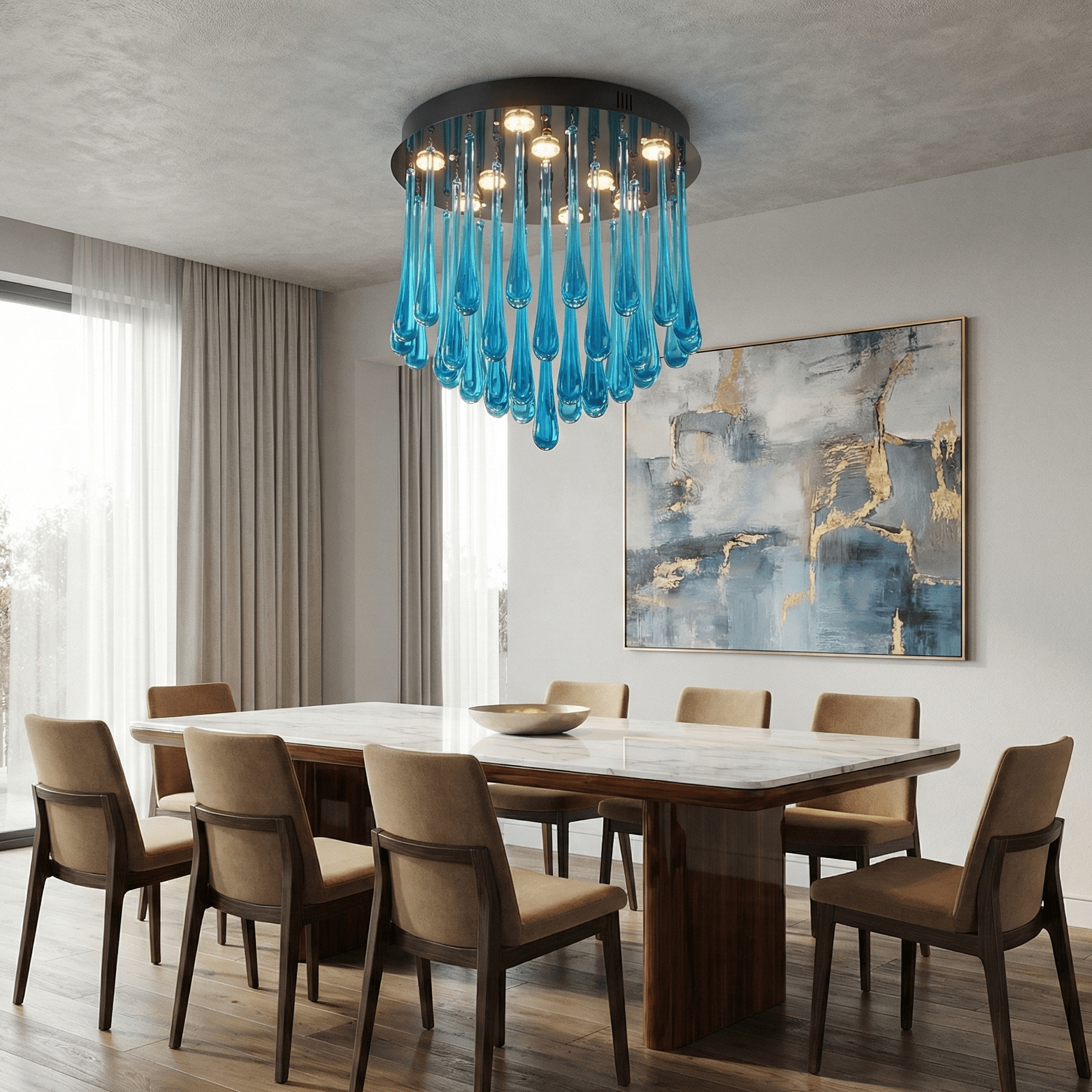 Modern dining room featuring a blue glass teardrop chandelier with flush mount round canopy and cascading crystal glass design