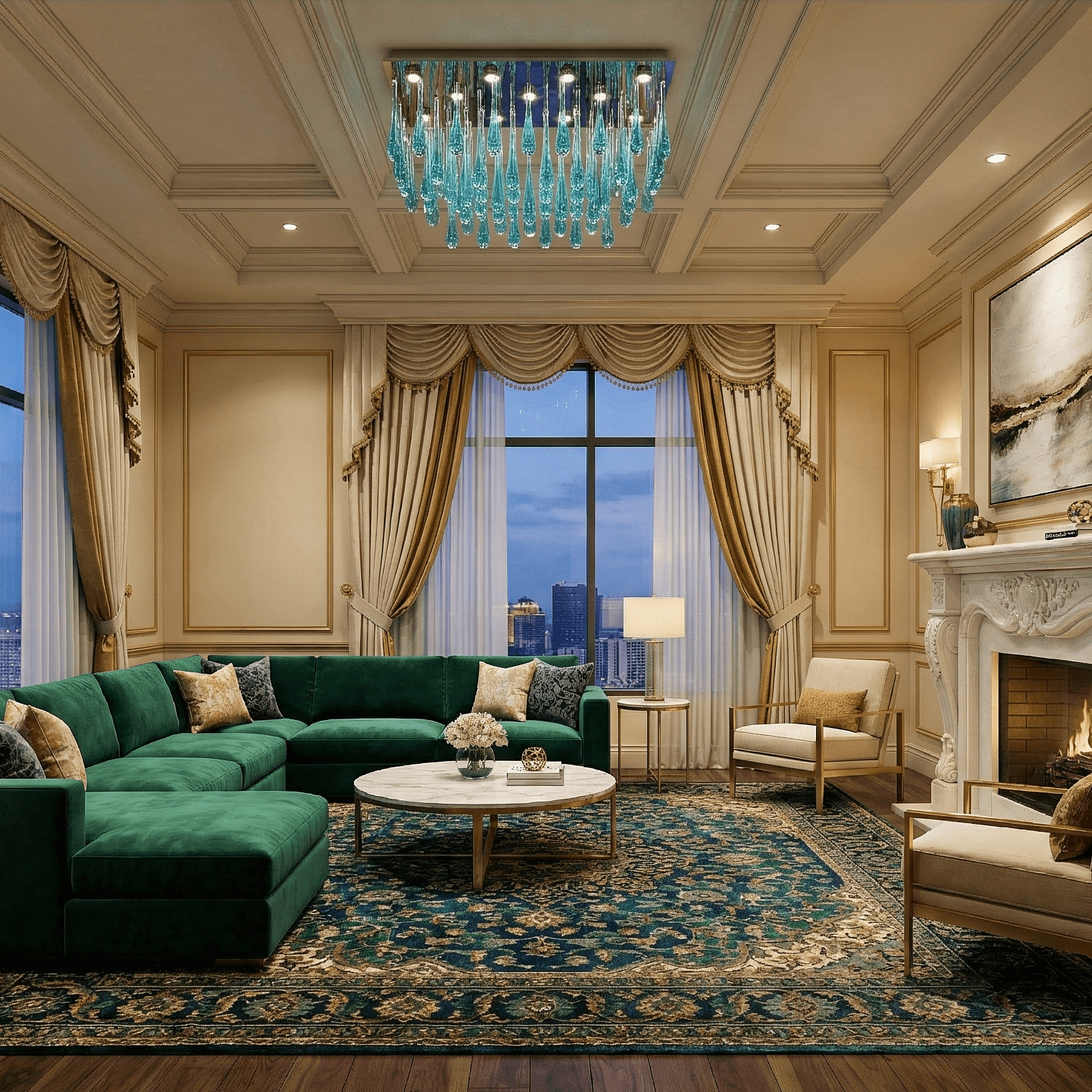 Blue glass teardrop flush mount chandelier in an elegant luxury living room, round canopy design with cascading hand blown glass drops