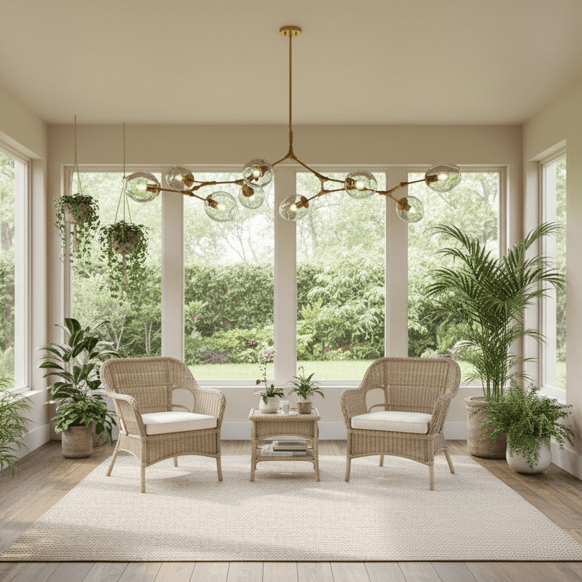 Brass with clear glass globe chandelier in sunroom