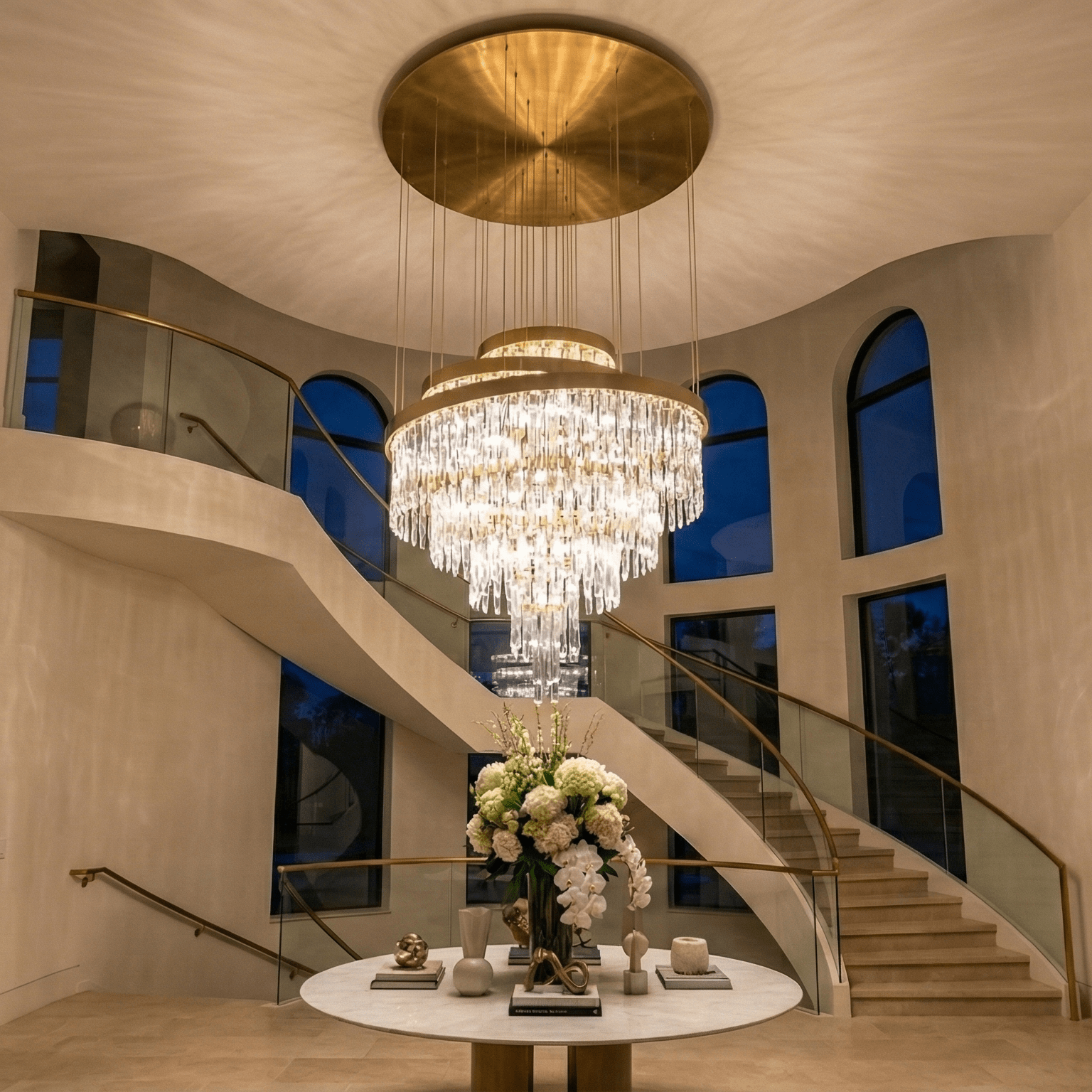 Large brass tiered crystal chandelier installed in a double height foyer, luxury entryway lighting for high ceilings and grand staircases