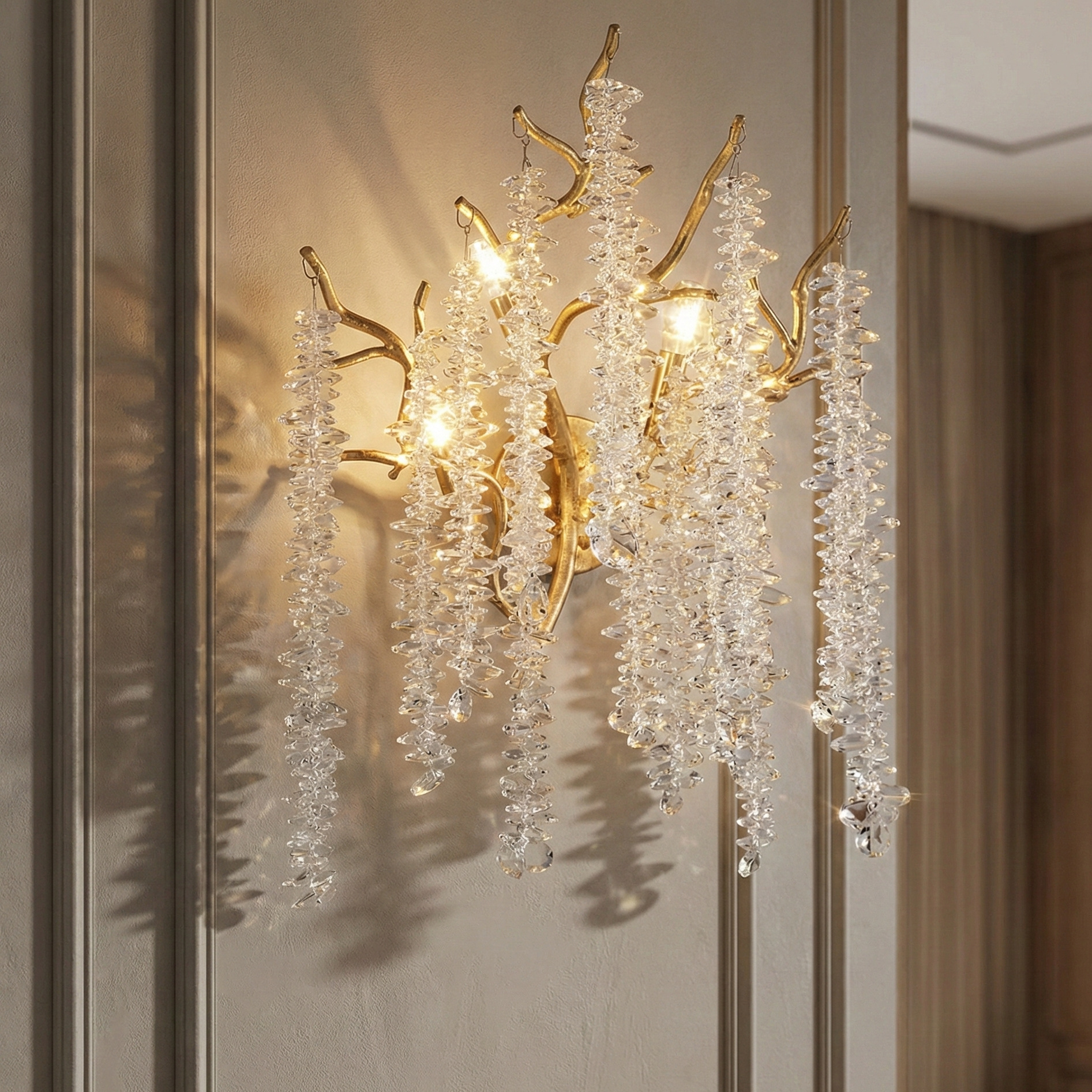 Catherine crystal wall sconce in champagne gold finish mounted on a luxury interior wall