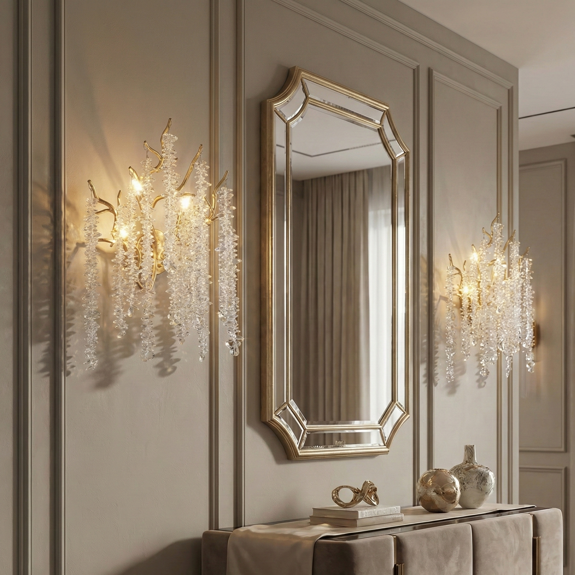 Pair of Catherine crystal wall sconces in champagne gold finish flanking a decorative mirror in a luxury interior