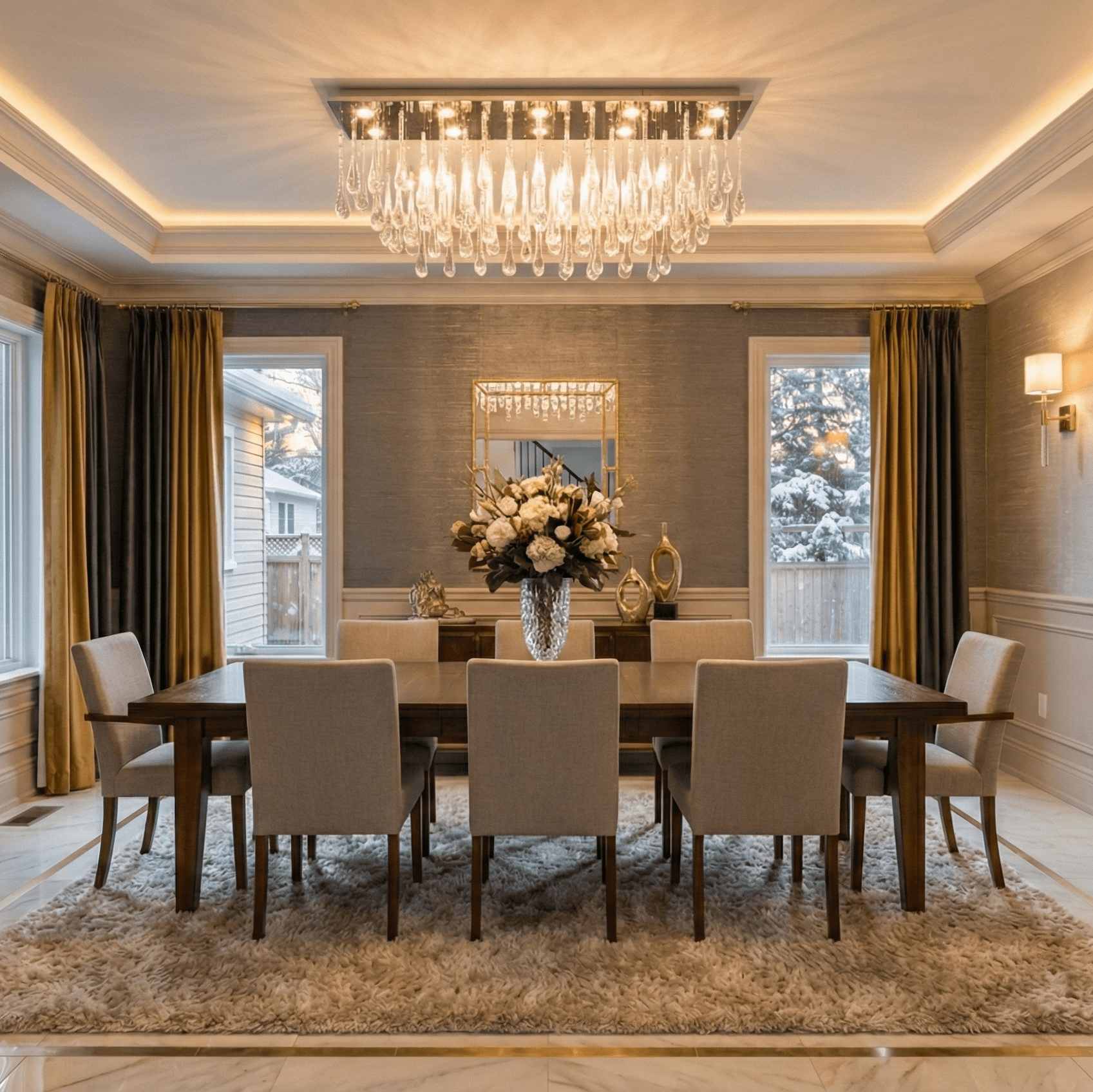 Clear glass teardrop rectangular flush mount chandelier in a formal dining room, elegant cascading crystal design with low profile ceiling canopy