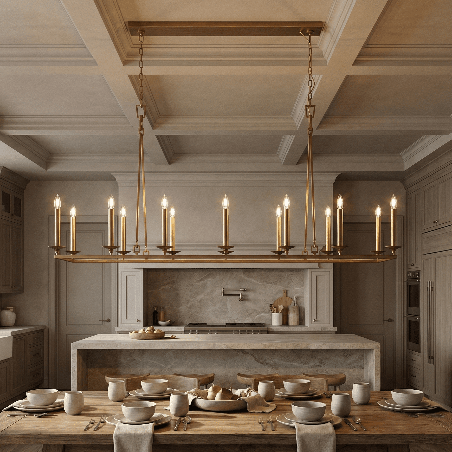 Extra-long brass linear chandelier featuring candle-style bulbs installed above a kitchen island and dining table in a luxury transitional kitchen with coffered ceiling, marble surfaces, and warm architectural lighting.