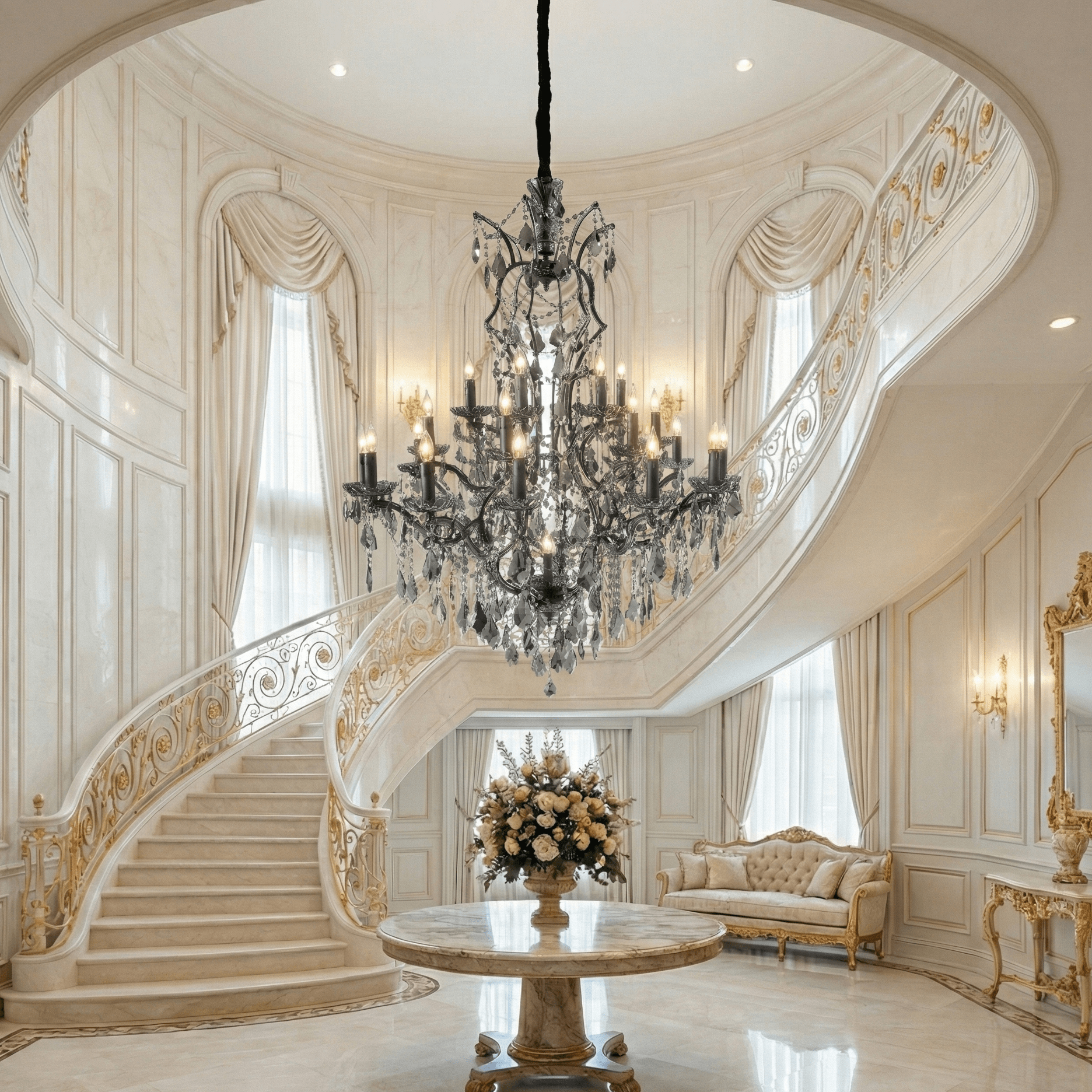 Grand crystal chandelier in a luxury high-ceiling foyer with sweeping staircase, showcasing elegant lighting and timeless architectural design
