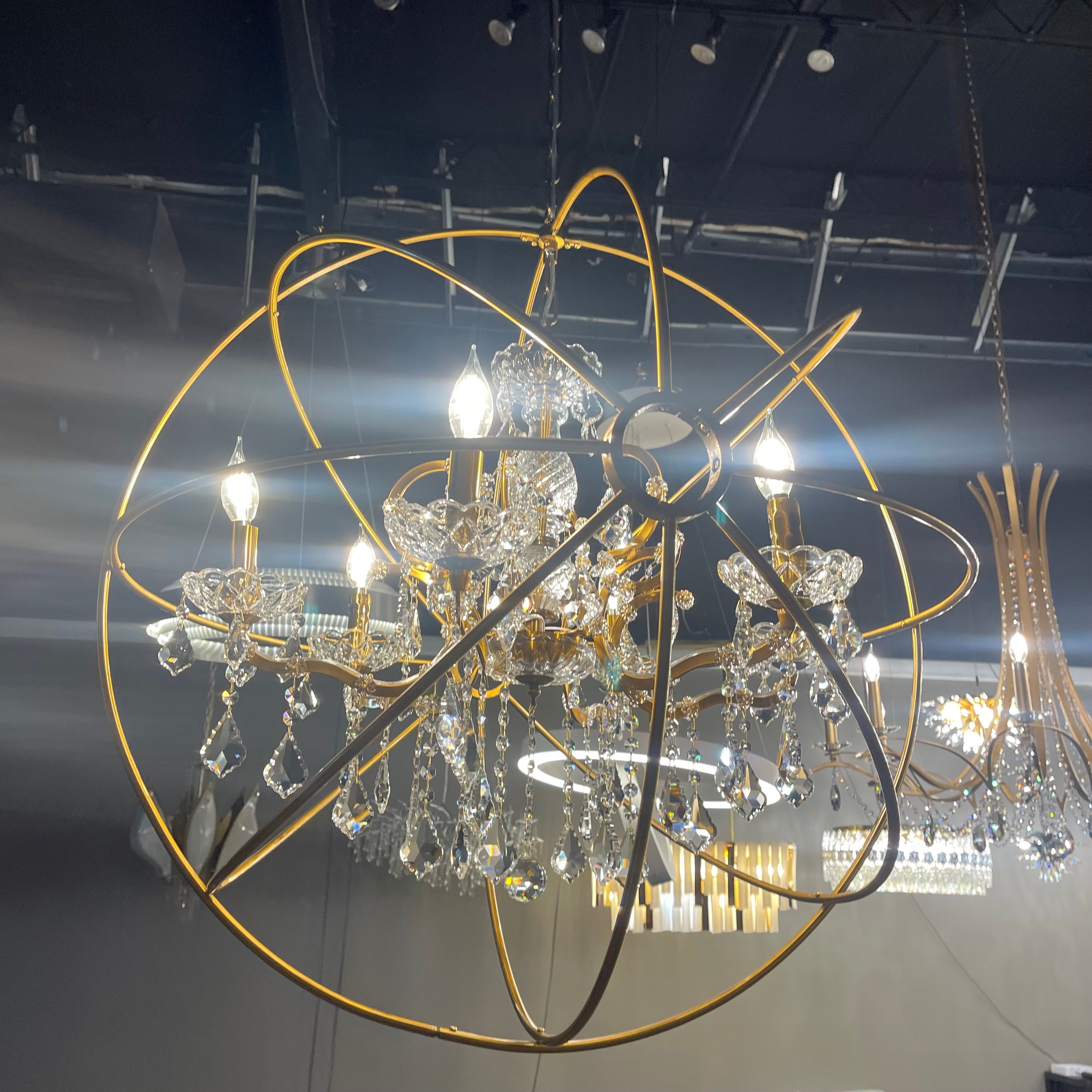 Lacquered Brass MN Iron Orb Crystal Chandelier