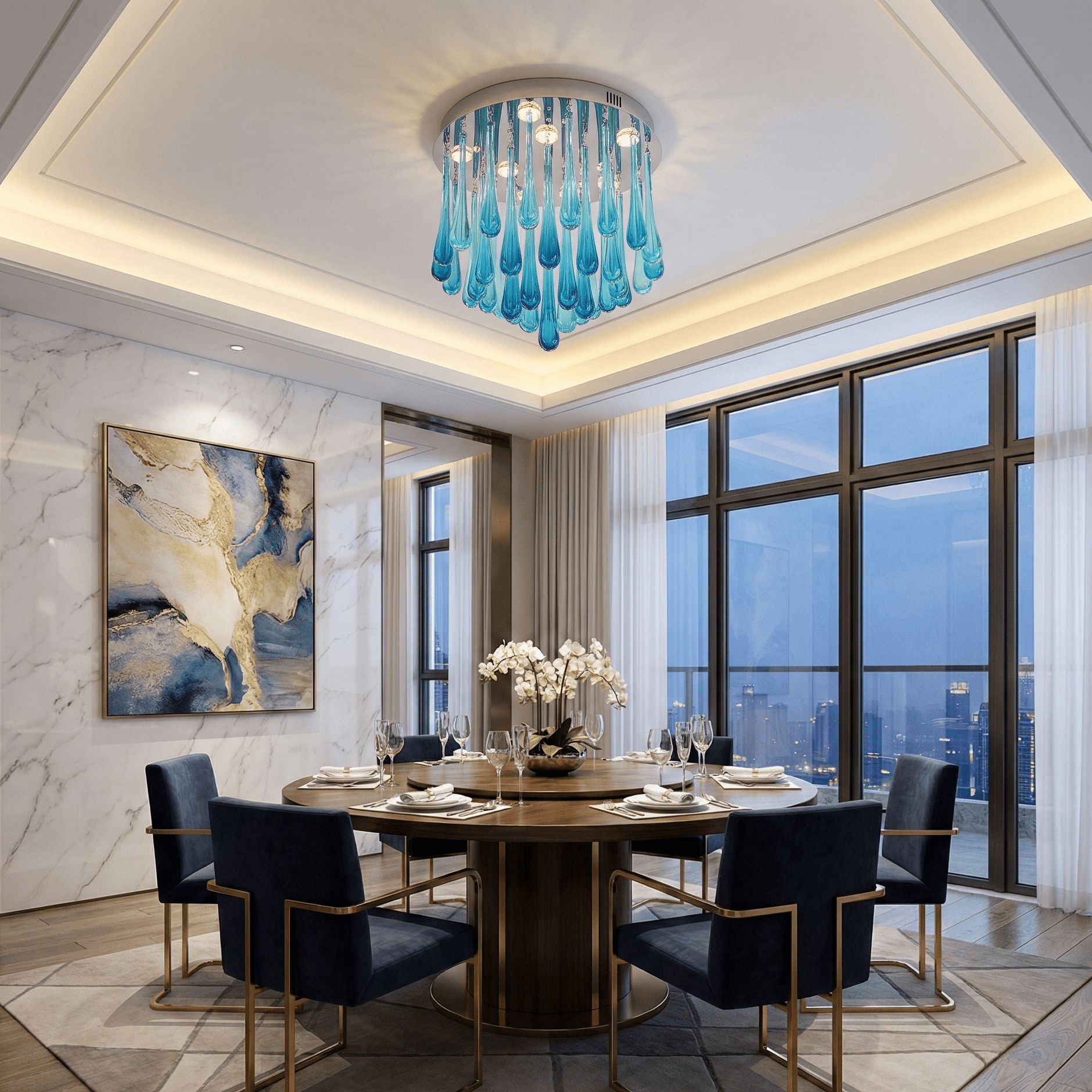 Luxury dining room with blue glass flush mount chandelier, cascading teardrop glass illuminated by warm lights and modern ceiling detail
