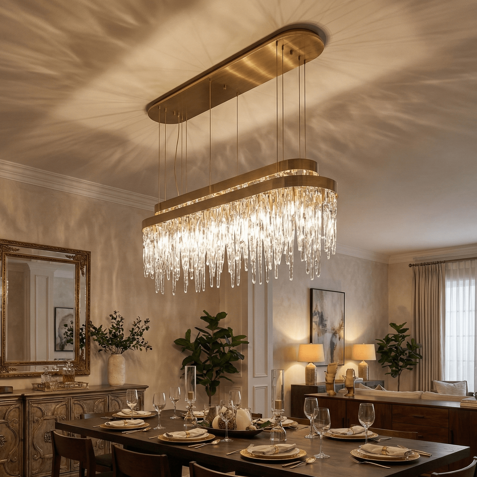 Luxury brass rectangular crystal chandelier suspended above a formal dining table, casting warm ambient light and dramatic shadows in an elegant modern dining room.