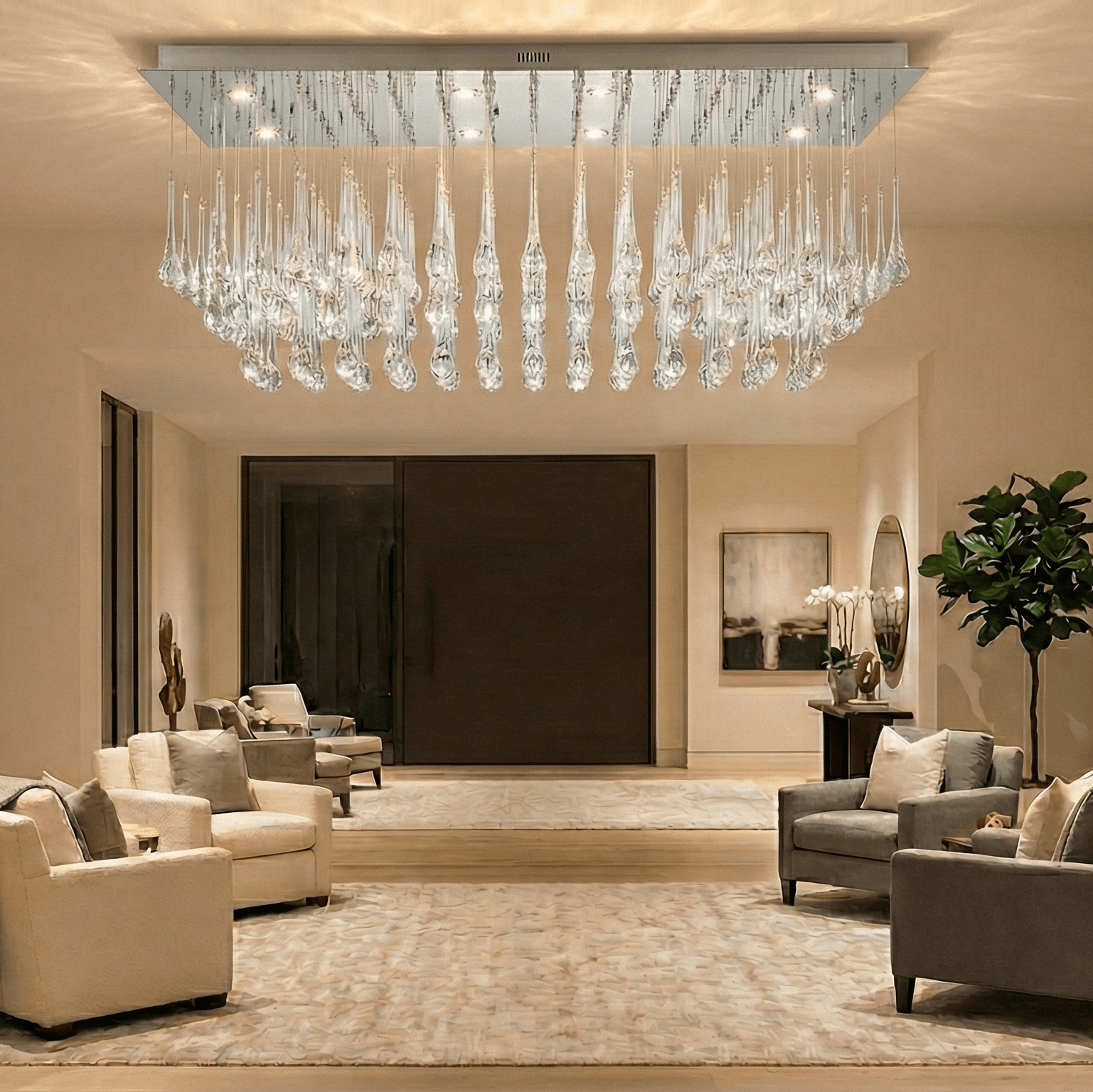 Luxury living room featuring a clear glass teardrop rectangular flush mount chandelier, cascading crystal drops with modern architectural lighting design