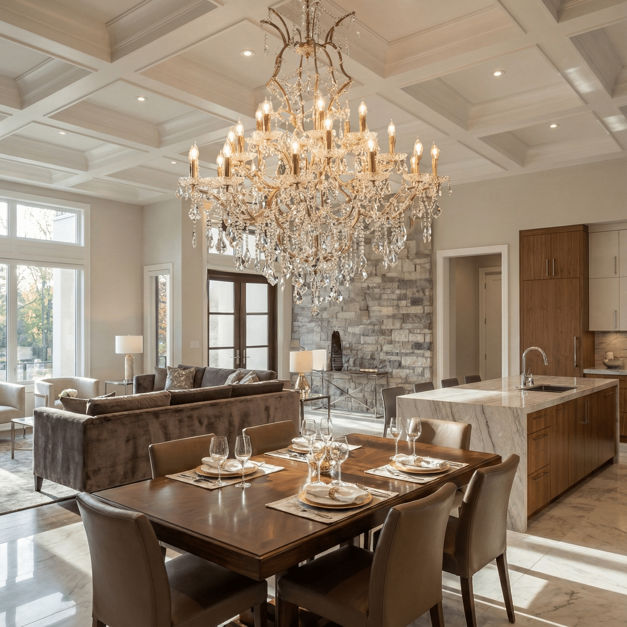 Luxury crystal chandelier illuminating an open-concept living and dining space with high ceilings, creating elegant light reflections and refined ambiance