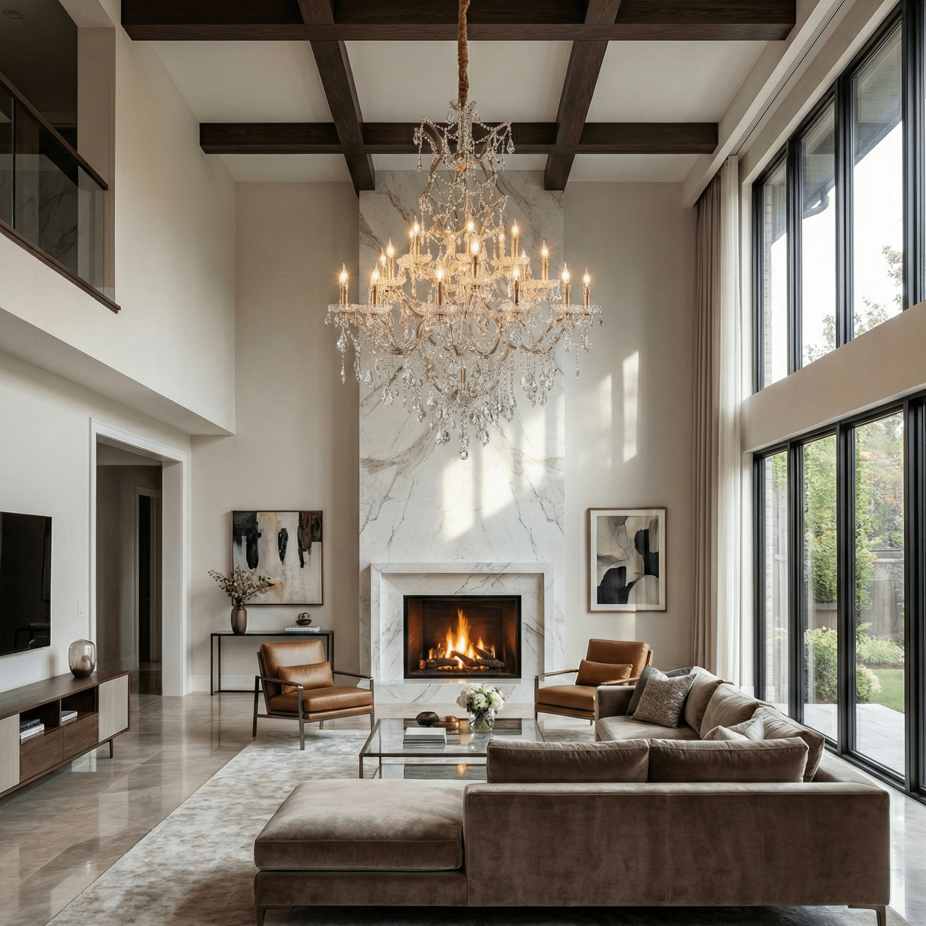 Luxury crystal foyer chandelier hanging from a high ceiling in a modern double-height interior, featuring elegant light reflections and refined architectural details.