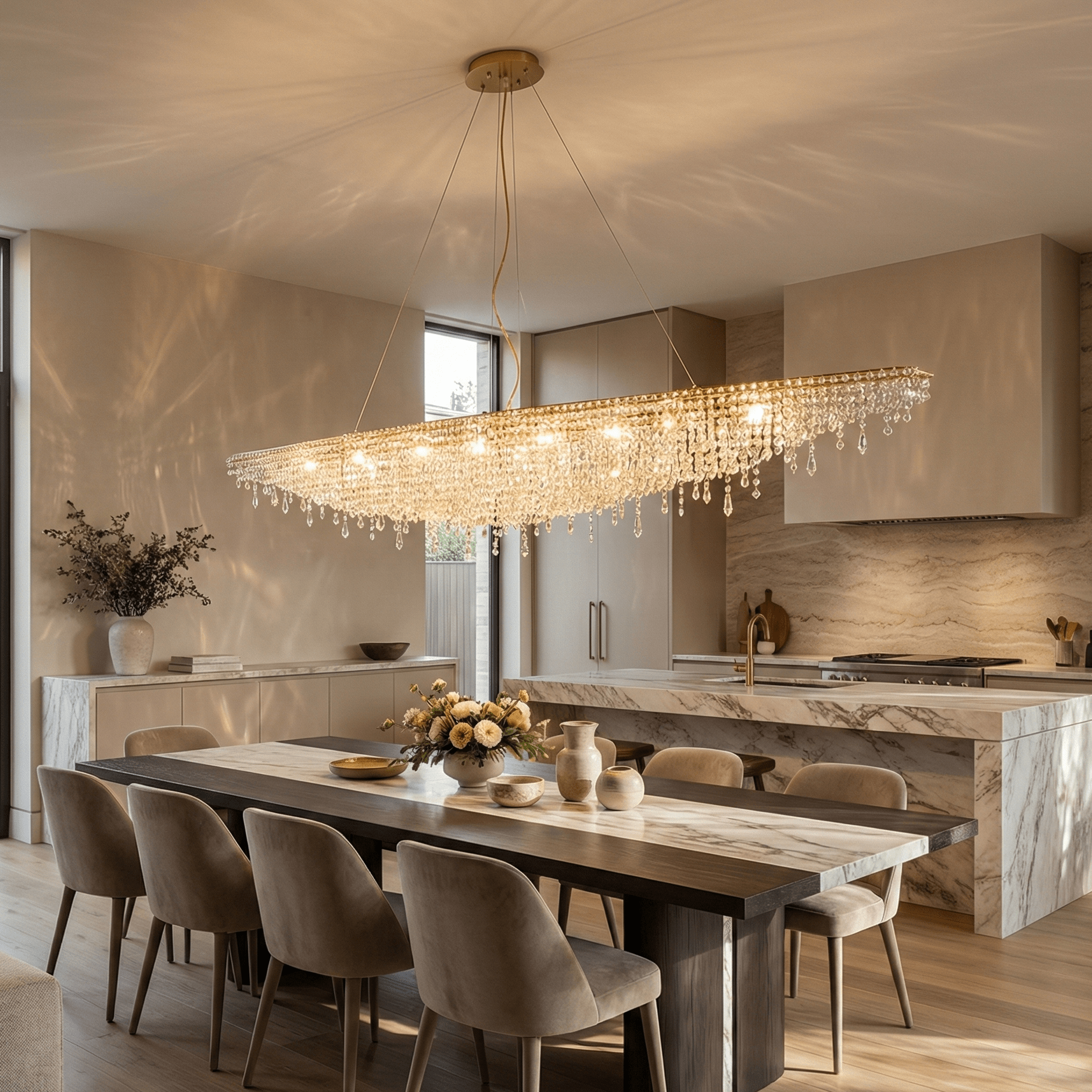 Luxury linear crystal chandelier suspended over a dining table and kitchen island, casting elegant light patterns in a modern open-concept interior.