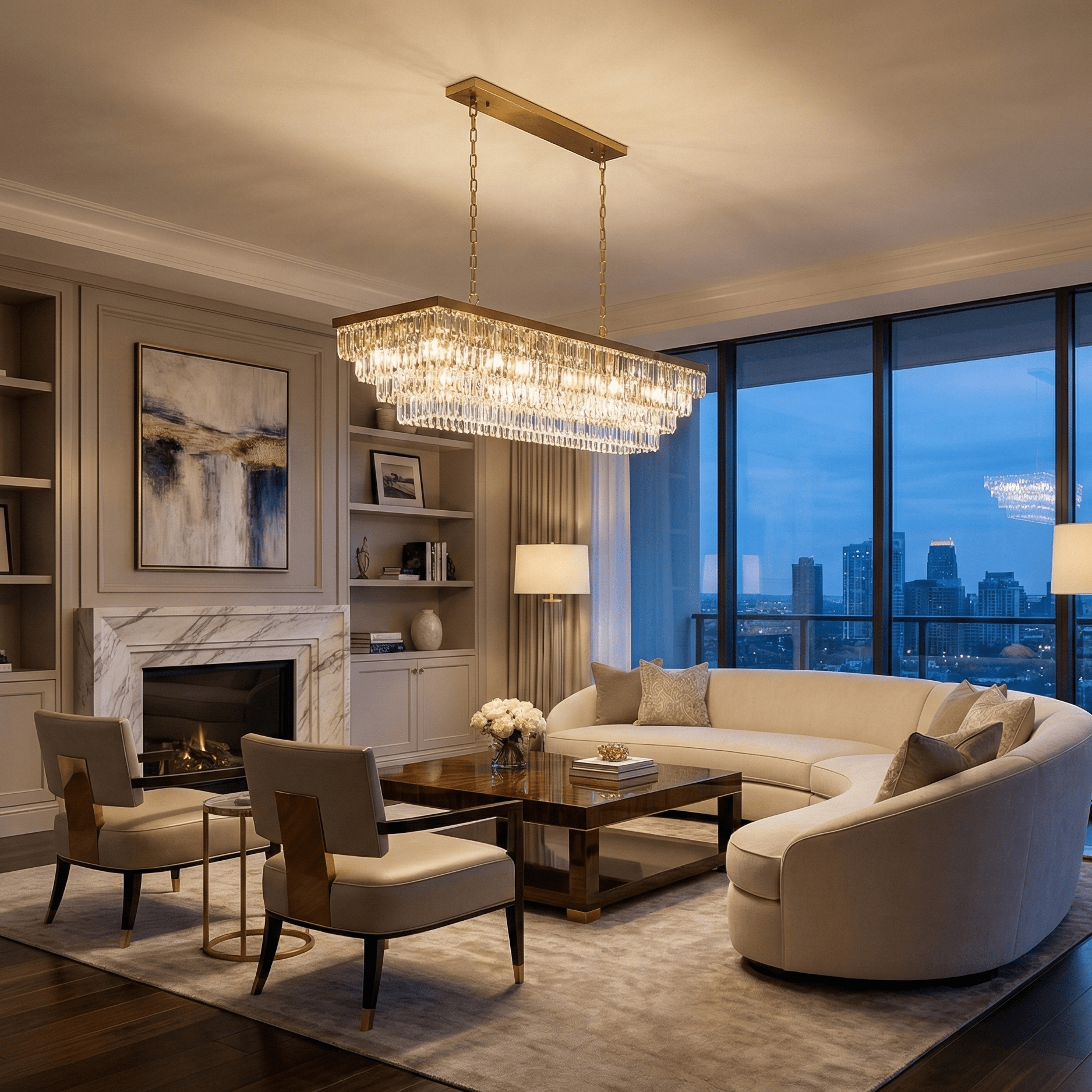 Luxury linear crystal chandelier suspended above a modern living room seating area, illuminating a contemporary interior with warm ambient light and city views