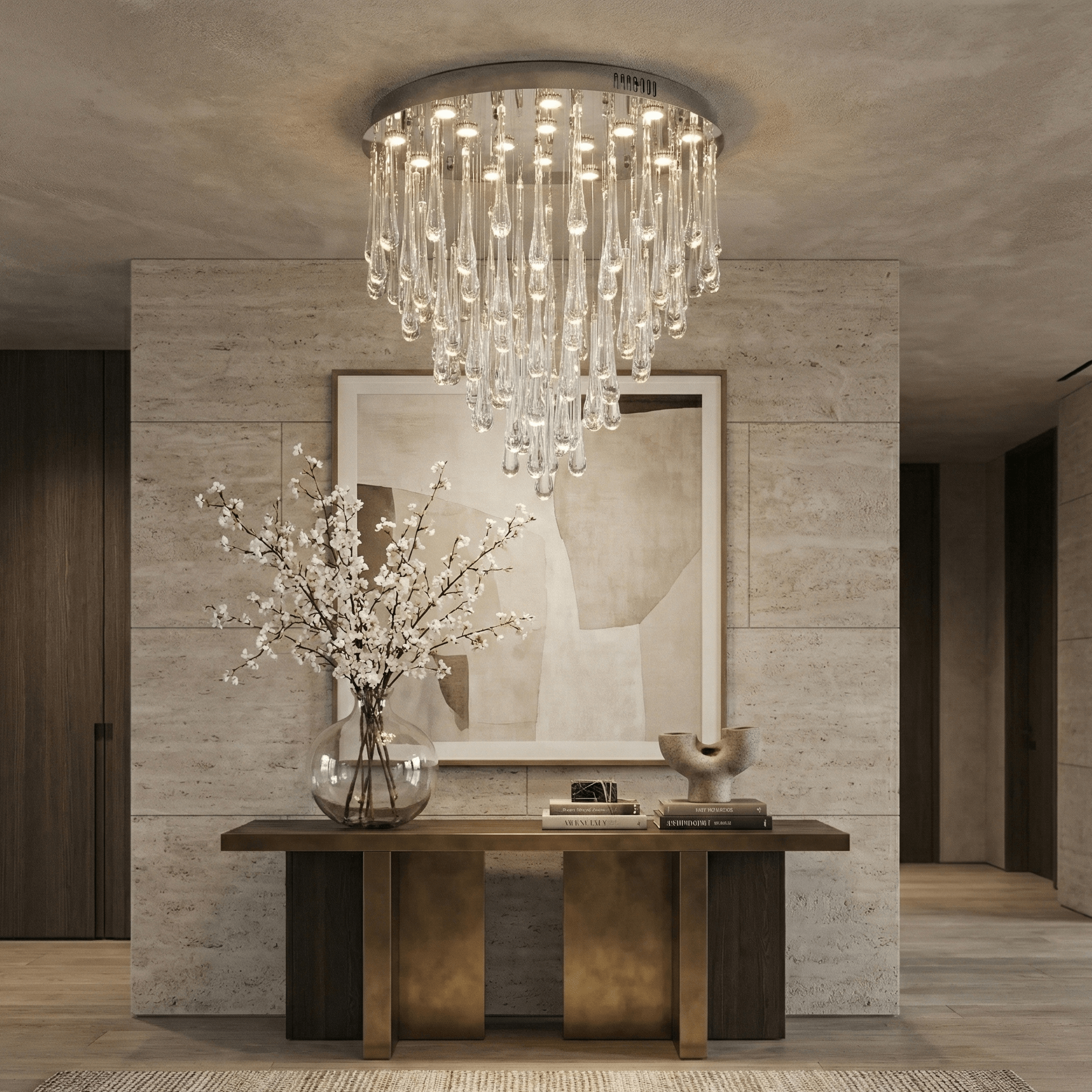 Luxury round shape flush mount teardrop glass chandelier installed in a modern foyer, cascading clear glass drops with warm ambient lighting and round ceiling canopy