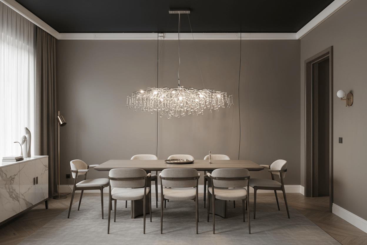 Contemporary glass branch chandelier suspended over a dining table in a modern dining room with warm ambient evening lighting and minimalist decor.