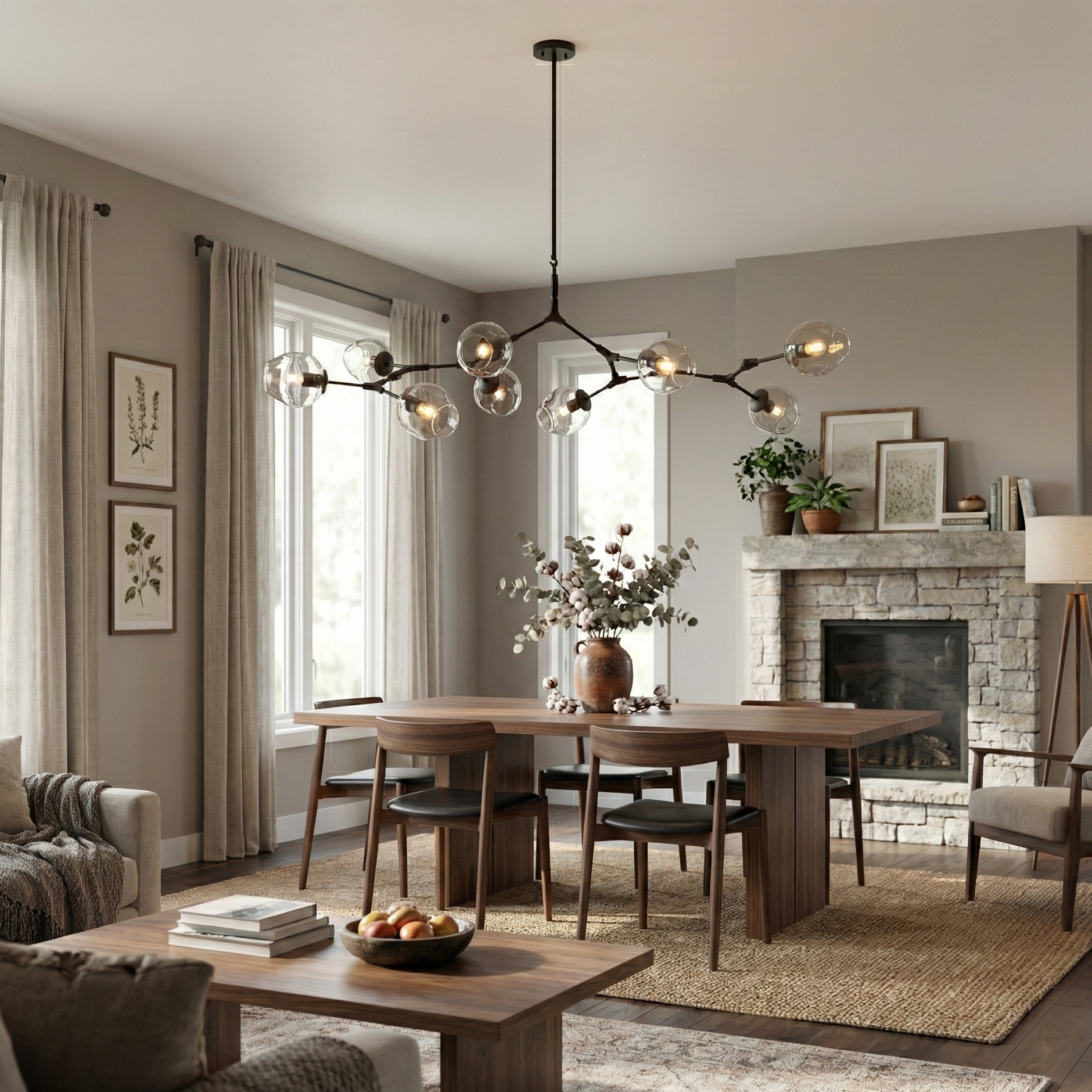 Modern matte black glass globe chandelier with seven lights installed above a dining table in a contemporary dining room interior
