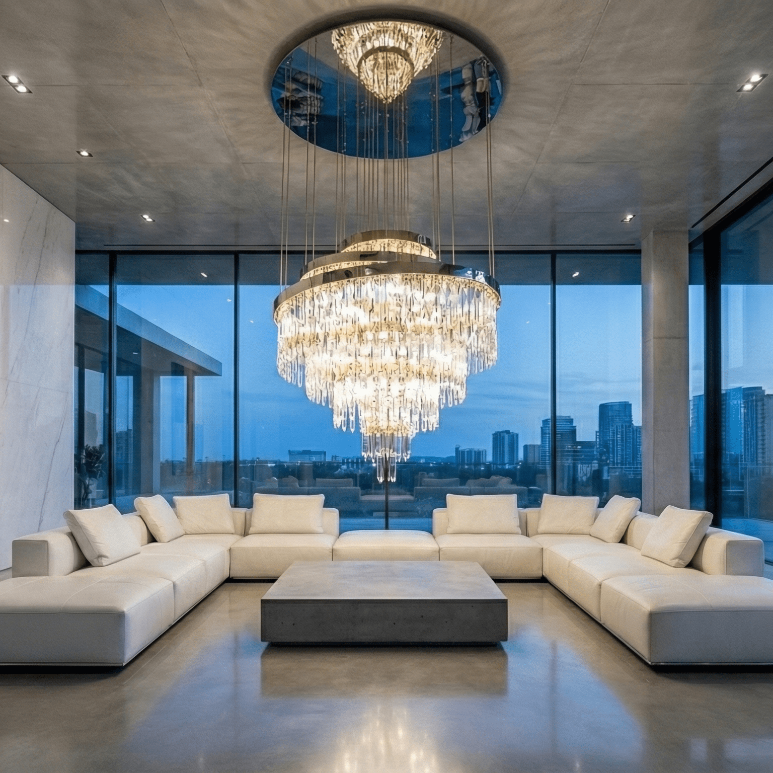 Oversized crystal chandelier in modern luxury living space, high-end chandelier lighting with city view.
