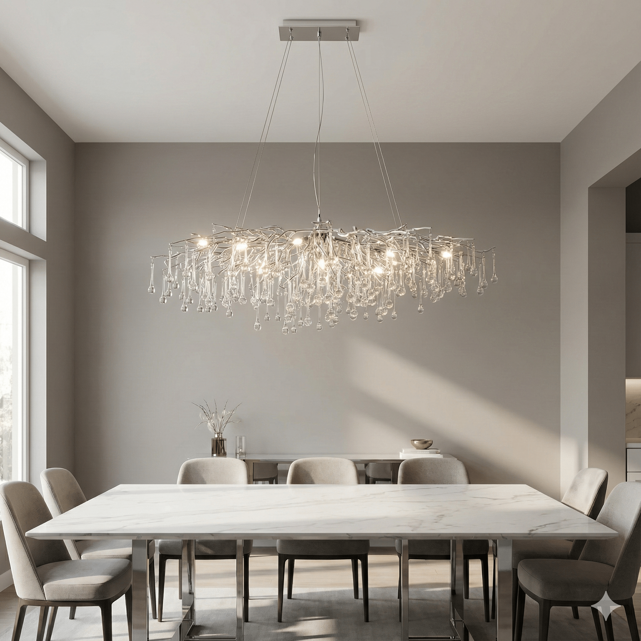 Modern silver glass branching chandelier installed above a marble dining table in a neutral contemporary dining room with soft natural daylight.