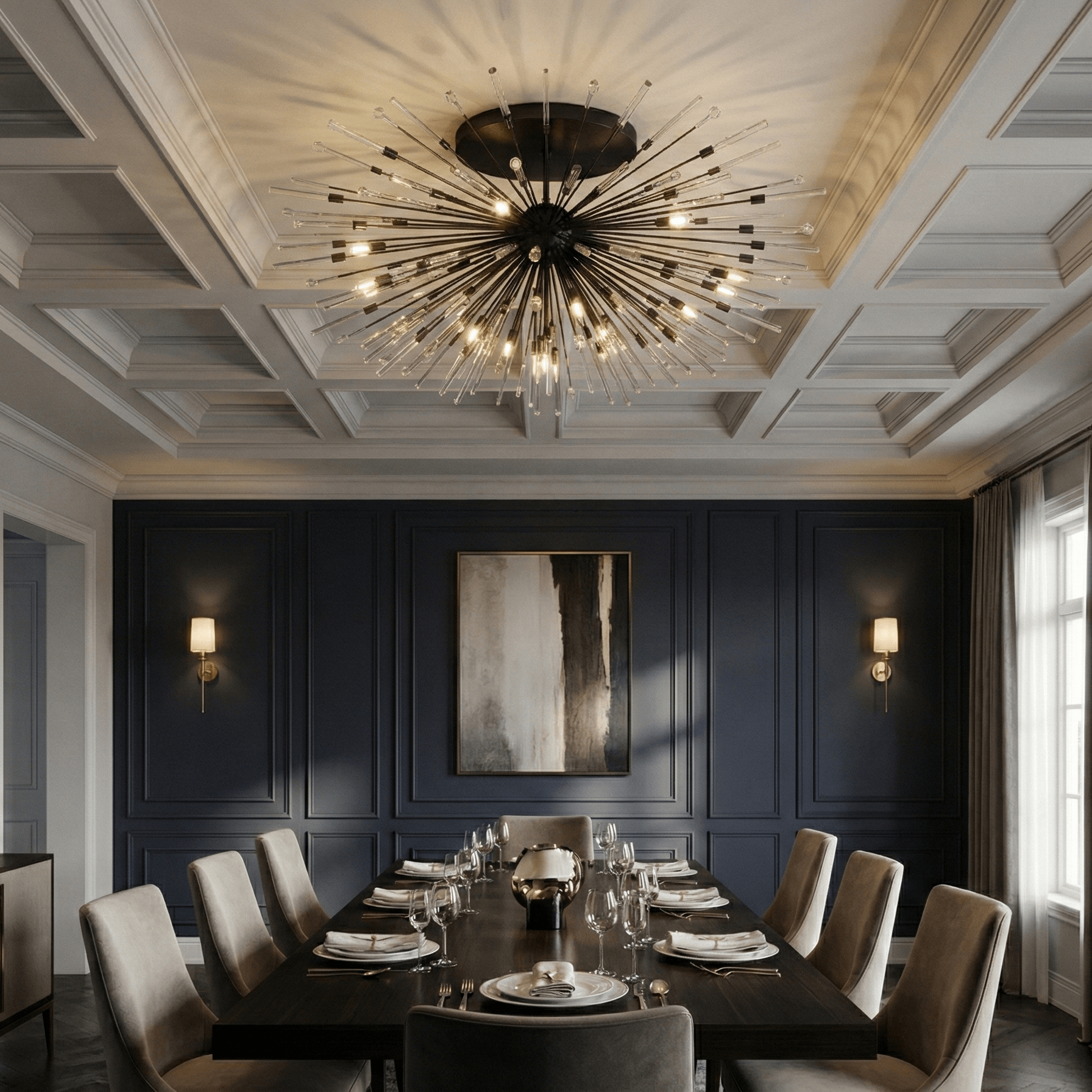 Modern sputnik chandelier mounted on a coffered ceiling, illuminating a dark luxury dining room with elegant paneling and refined contemporary decor