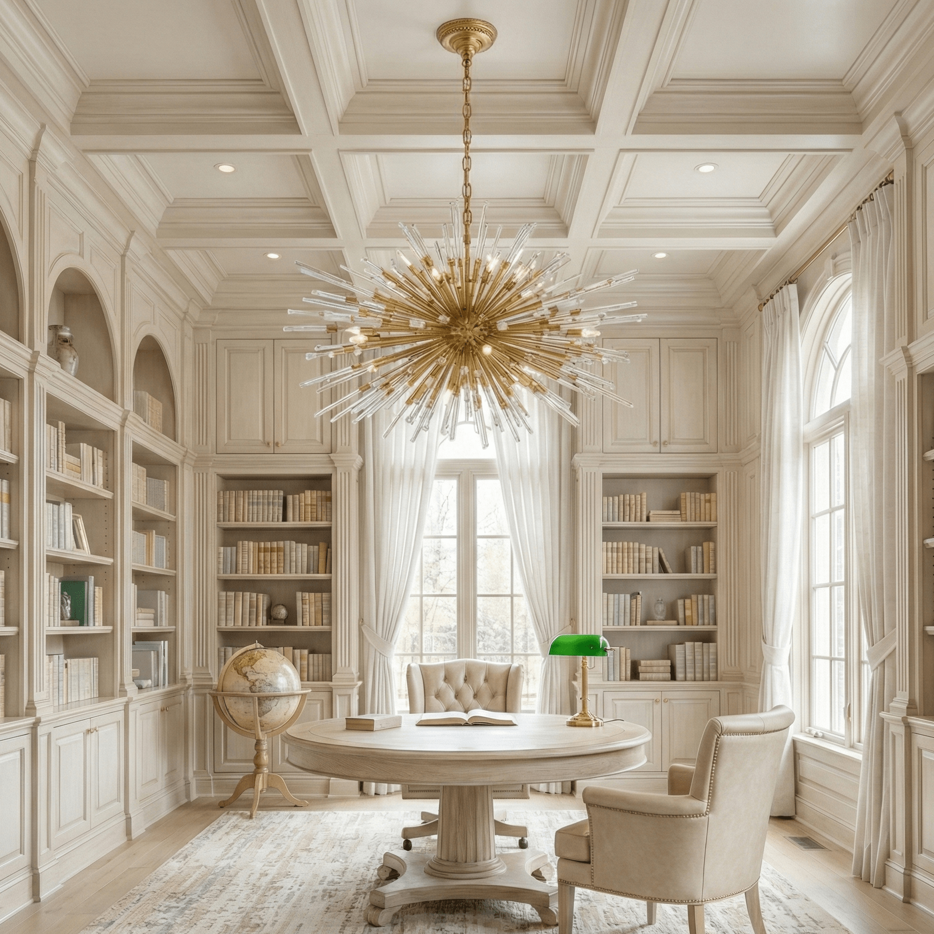 Modern sputnik crystal chandelier hanging from a coffered ceiling in a luxury home library, illuminating an elegant study with built-in bookshelves and refined architectural details