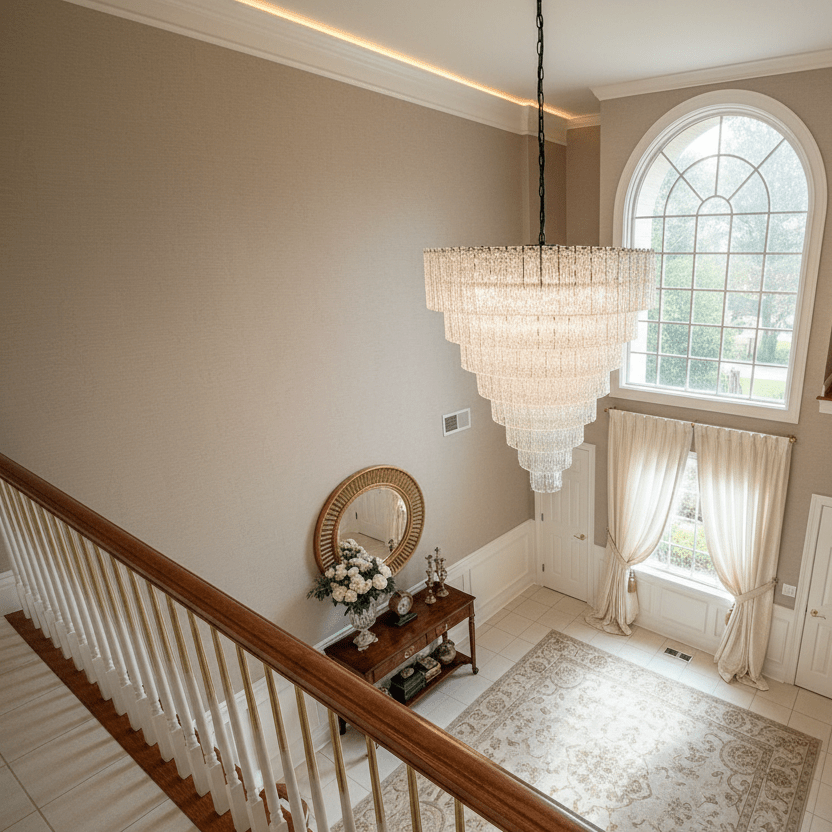 Tiered crystal chandelier hanging in a two-story foyer above a staircase, illuminating a luxury entryway with high ceilings and arched window