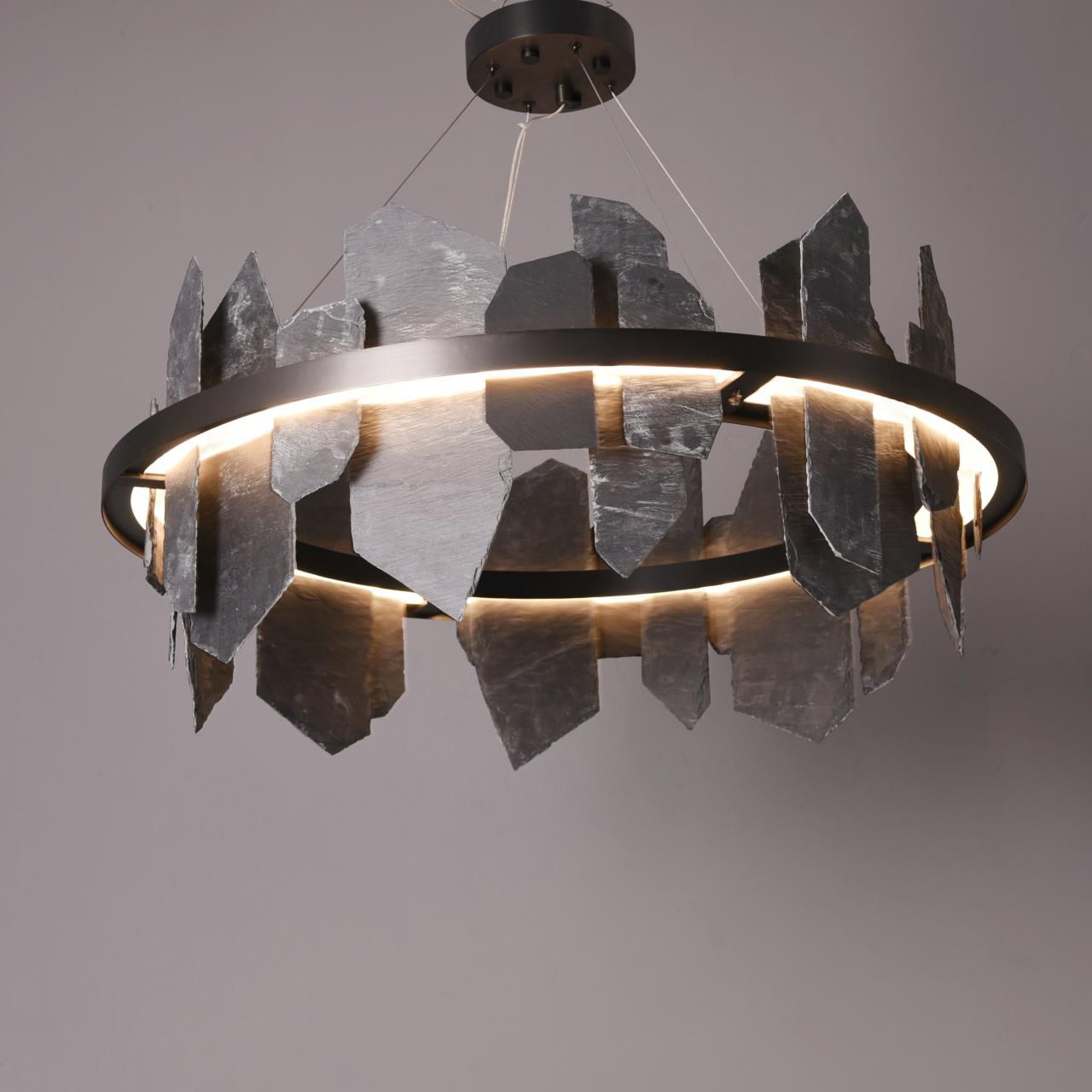 40"W Round Slate Natural Stone LED Industrial Chandelier - Italian Concept - 