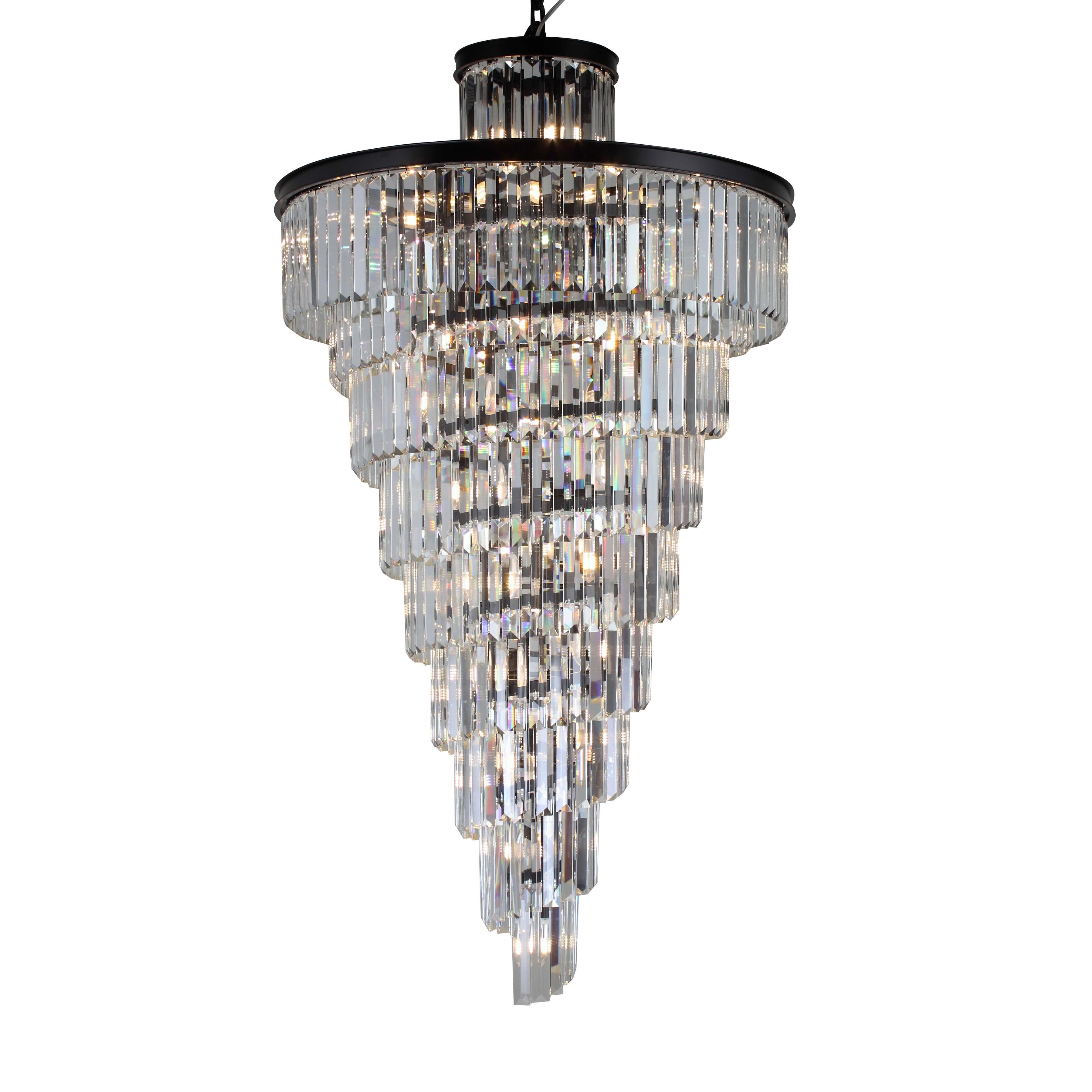 Veccini 36 inch Odeon spiral tiered crystal fringe chandelier front view in luxury interior setting